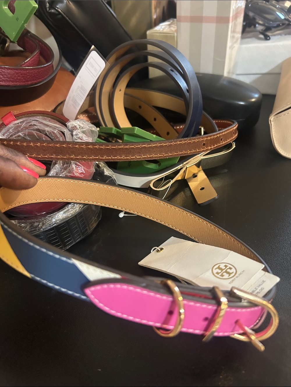 Tory Burch Pink and Tan Reversible Leather Belt with Gold Hardware